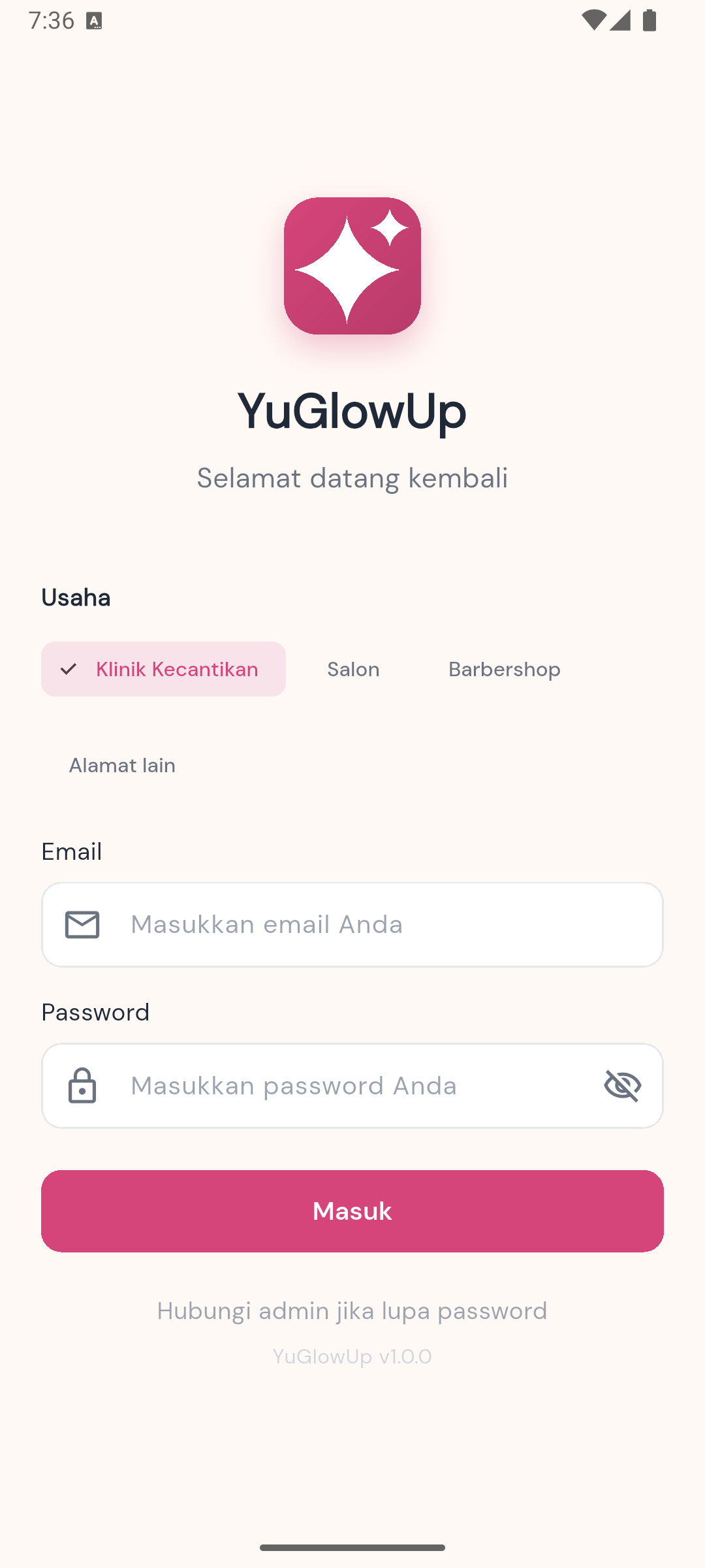 YuGlowUp — masuk & pilih usaha